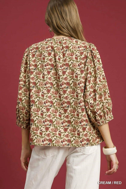 Umgee Vintage Floral Pintuck Top Brown 1X 4
