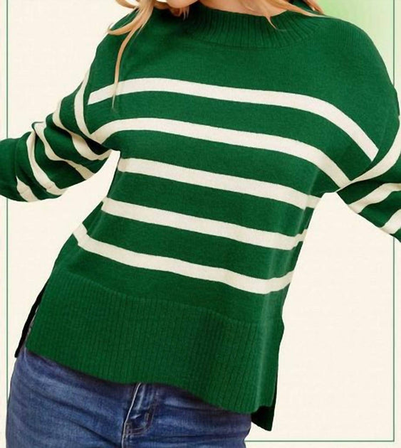 LA MIEL Striped Mock Neck Sweater Green Large 3