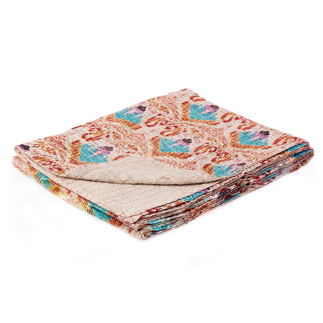 Hivvago Ikat Cotton Quilted Kantha Throw Beige/Pink 50x70in 4