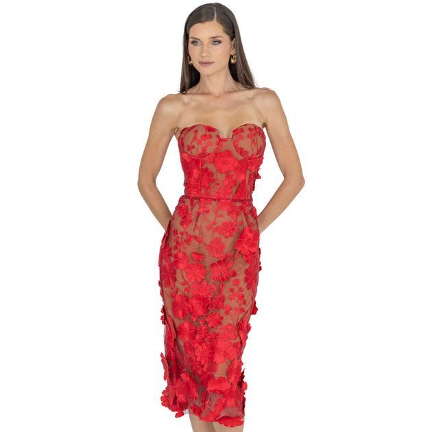 AKALIA Anni Floral Embroidered Strapless Midi Dress