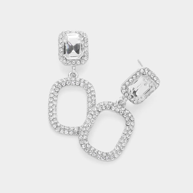 FASHNZFAB Open Rectangle Dangle Earrings Clear Silver 2