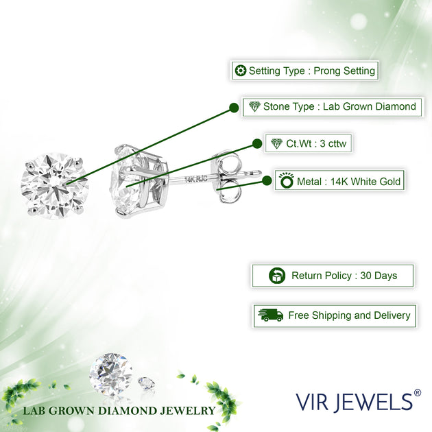 Vir Jewels 3 cttw Lab Grown Diamond Stud Earrings Silver 4