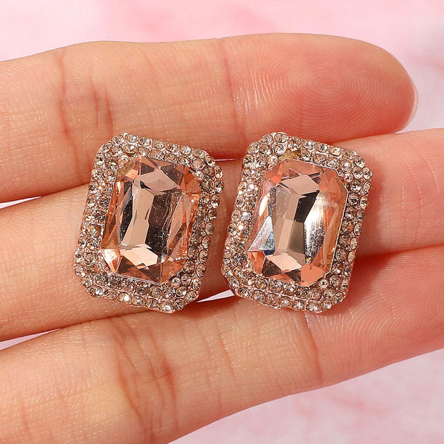 FASHNZFAB Rectangular Rhinestone Stud Earrings Multi 3