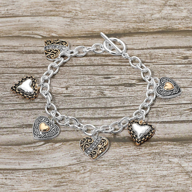 FASHNZFAB Heart Charm Station Toggle Bracelet Gold 2