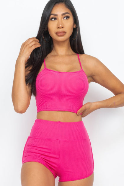 TRUEDAMES Ribbed Cami Crop Top and Ruched Shorts Set Yellow Medium 4