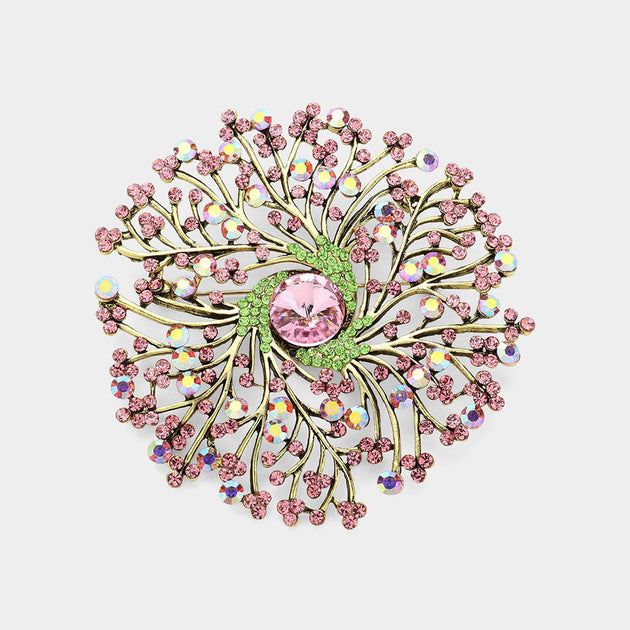 FASHNZFAB Round Stone Branch Flower Pin Brooch Pink 2