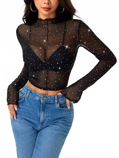 Hope & Sunshine Sequin Long Sleeve Mesh Top Black 2X 2