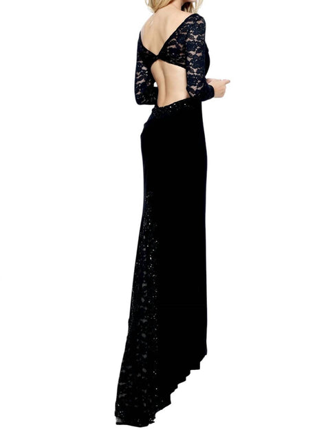 premium jersey long sleeve cut out maxi dress in black Sherri Hill Lace Long Sleeve Jersey Cut Out Back Maxi Dress In Black