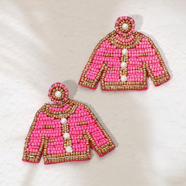 FASHNZFAB Pearl Seed Beaded Dangle Earrings Pink 2