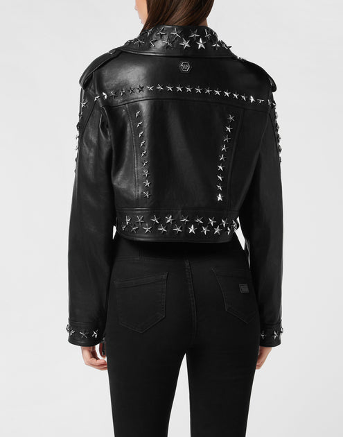 PHILIPP PLEIN Leather Biker Jacket Star Studs | ShopSimon