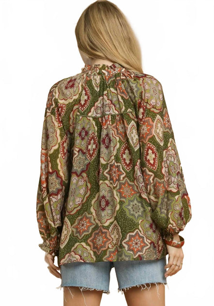 Umgee Boho Mosaic Button Down Blouse Multi Medium 3