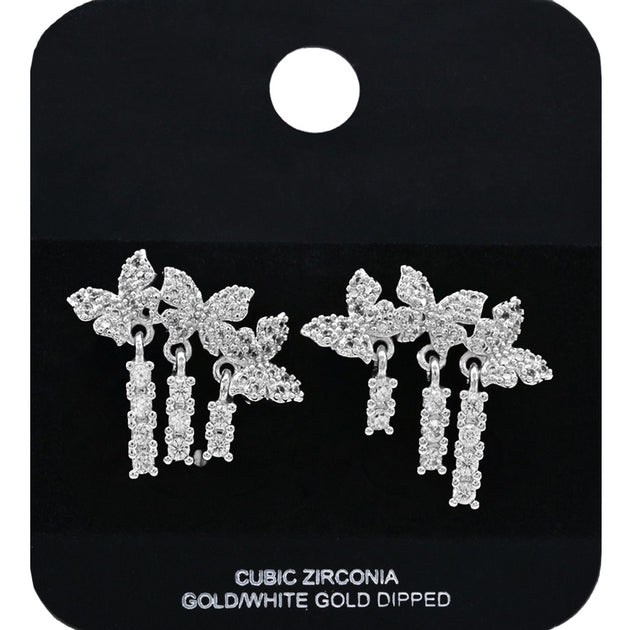 FASHNZFAB Triple Butterfly Cluster Drop Earrings Silver 3