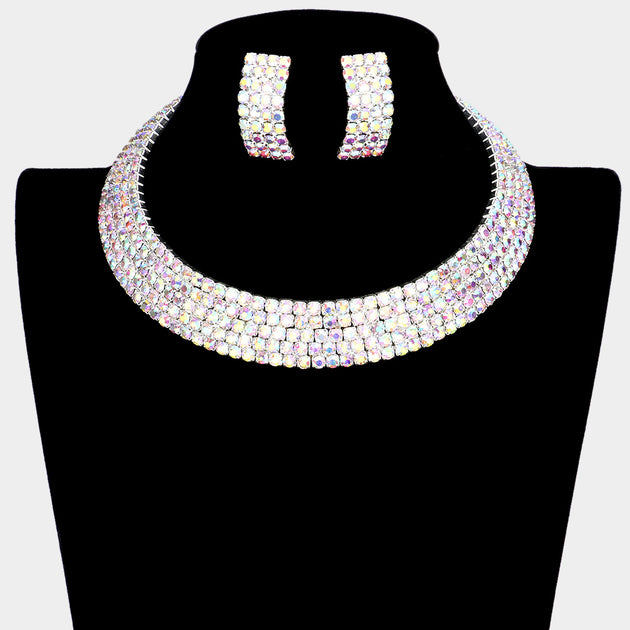 FASHNZFAB 5 Rows Crystal Rhinestone Choker Cuff Necklace Blue 4