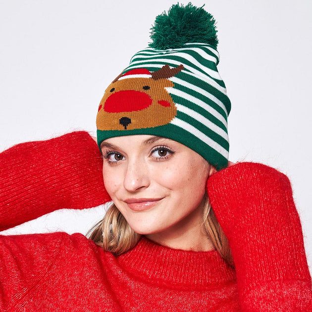 FASHNZFAB Striped Rudolph Pom Pom Beanie Hat Red 4