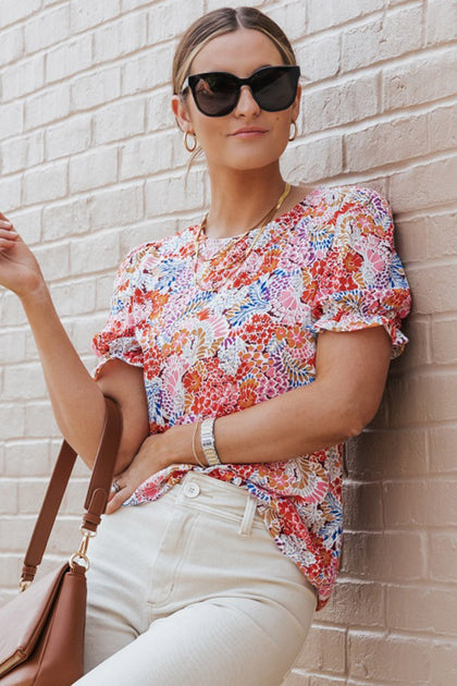 TRUEDAMES Floral Pattern Bubble Sleeve Blouse Multicolor Medium 3