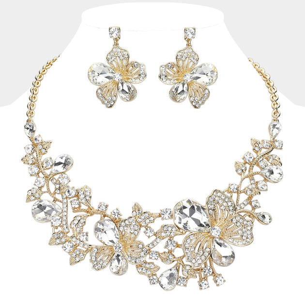 FASHNZFAB Flower Glass Stone Embellished Evening Necklace Silver 3