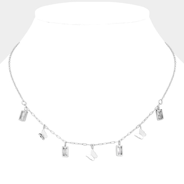FASHNZFAB Butterfly Rectangle Stone Charm Necklace Silver 3