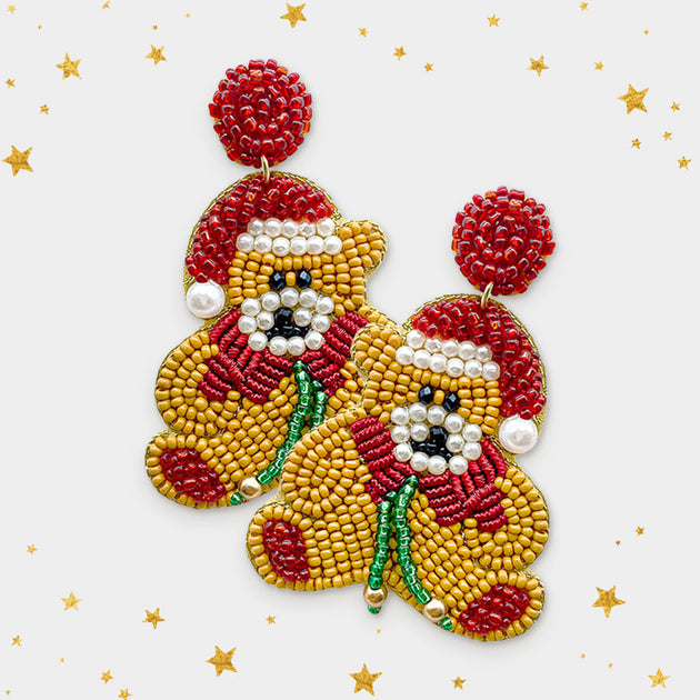 FASHNZFAB Christmas Santa Hat Bear Dangle Earrings Brown Red 3