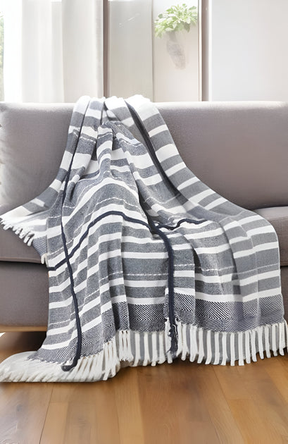 Hivvago Kantha Throw Blanket Blue/White 50x60in 2
