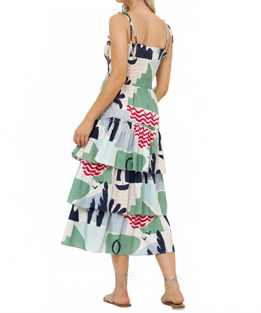 Oliphant Smocked Tie Strap Ruffle Midi Dress Multi Large 3
