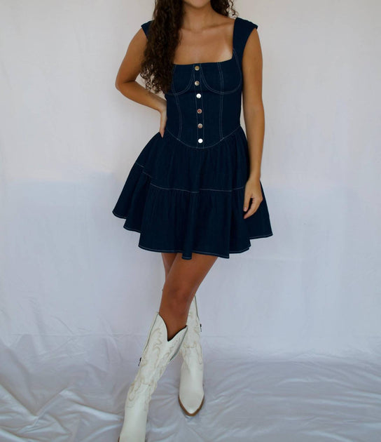 devyn denim ruffle mini dress The Devyn Saxe dress 0