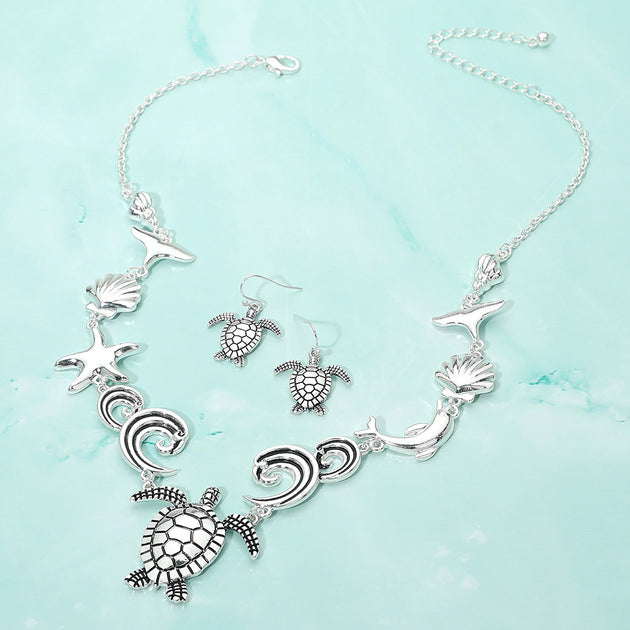 FASHNZFAB Sea Turtle Charm Link Statement Necklace Green One Size 4