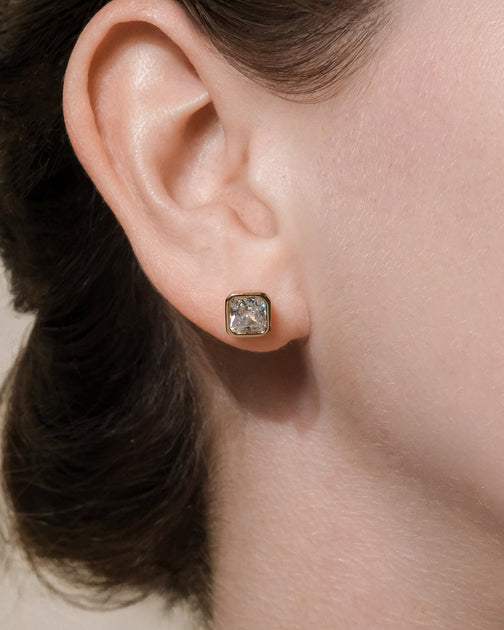 Sterling Forever Radiant Cut Bezel Set Stud Earrings Gold 3