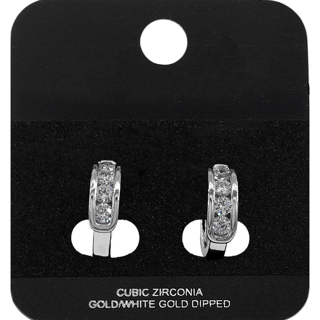 FASHNZFAB Round CZ Channel Mini Open Hoop Earrings White Gold 2