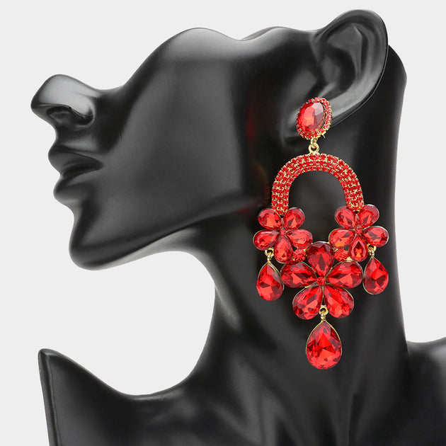 FASHNZFAB Flower Teardrop Stone Embellished Chandelier Dangle Earrings Red 3