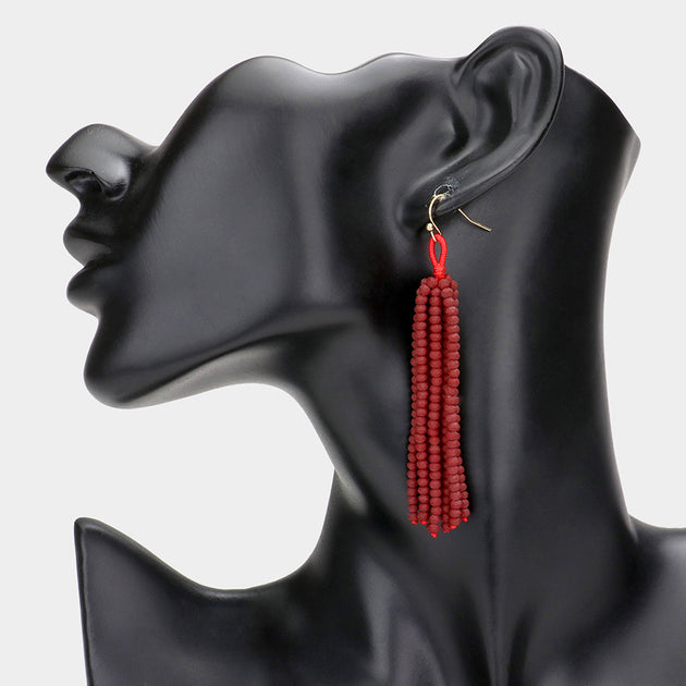 FASHNZFAB Faceted Beaded Tassel Earrings Red 3