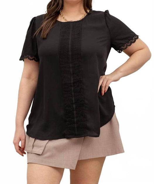 Perch by Blu Pepper Short Sleeve Lace Trim Pleated Top Black 1X 2