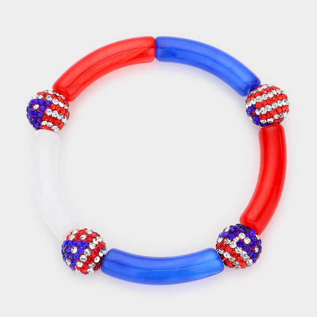 FASHNZFAB American USA Flag Shamballa Ball Stretch Bracelet Blue One Size 3