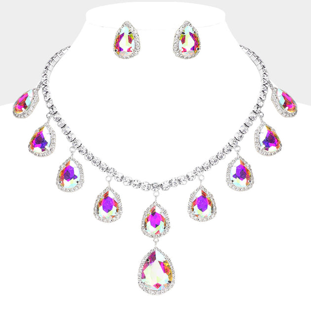 FASHNZFAB Teardrop Glass Stone Cluster Station Necklace Silver 4