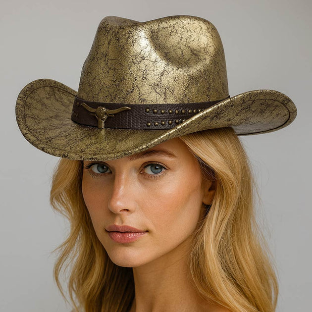 FASHNZFAB Steer Head Studded Faux Leather Band Cowboy Hat Multi One Size 2