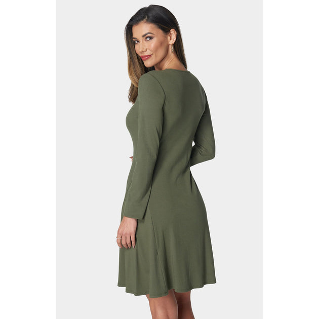 Bebe Rib Long Sleeve Godet Dress Green XLarge 4
