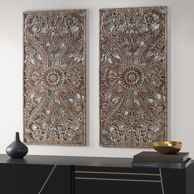 Streamdale Botanical Panel Distressed Carved Wood 2-Piece Wall Decor Set 4