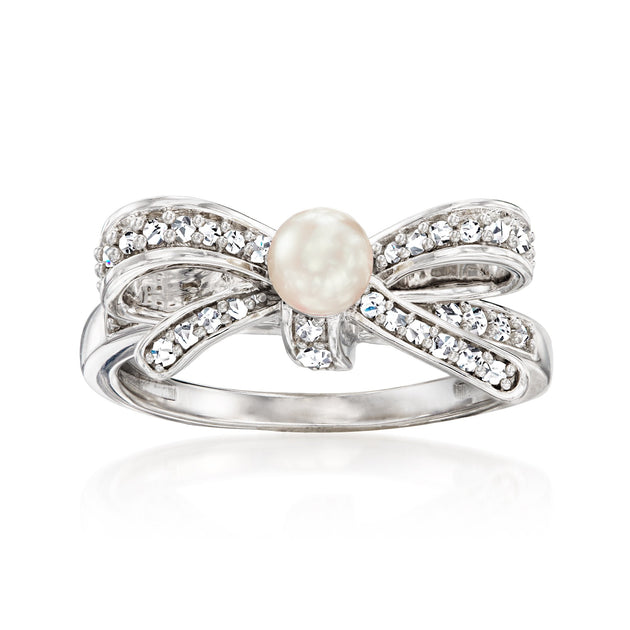 Ross-Simons Cultured Pearl and Diamond Bow Ring Silver US 9 2