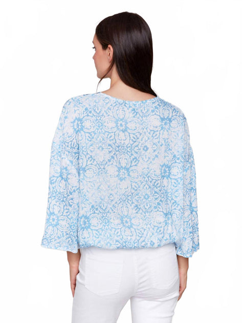 Charlie B Printed Overlap Blouse Blue XS 4