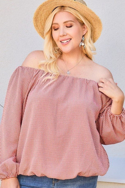 TRUEDAMES Off Shoulder Long Bubble Sleeve Plaid Top Red 2X 2