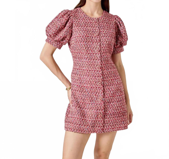 Endless Rose Damen Tweed Puffärmel Minikleid Pink Large 2