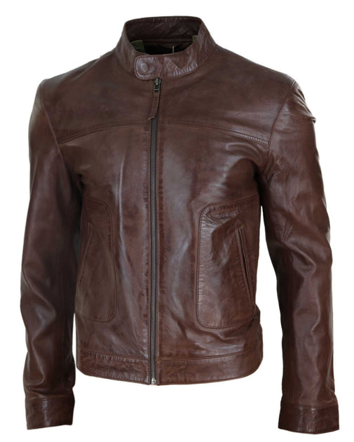 TruClothing Classic Leather Biker Jacket Collarless Brown Small 3