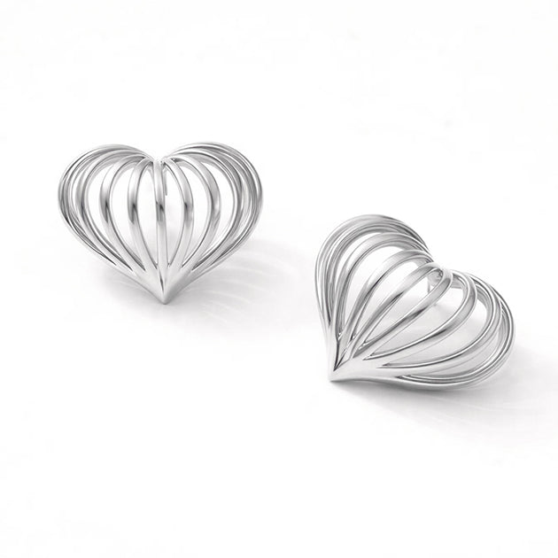 FASHNZFAB Sculpted Heart Cage Stud Earrings White Gold 3