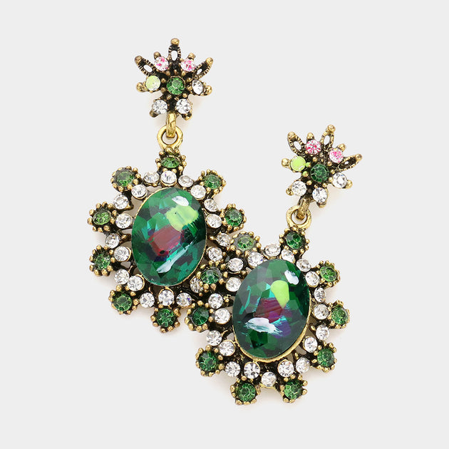 FASHNZFAB Victorian Flower Sunburst Drop Earrings Emerald Green 2