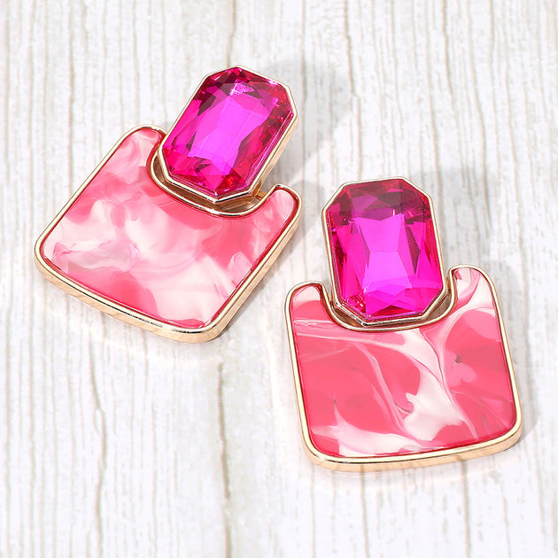FASHNZFAB Geometric Stone Accent Printed Resin Plate Drop Earrings Silver 2