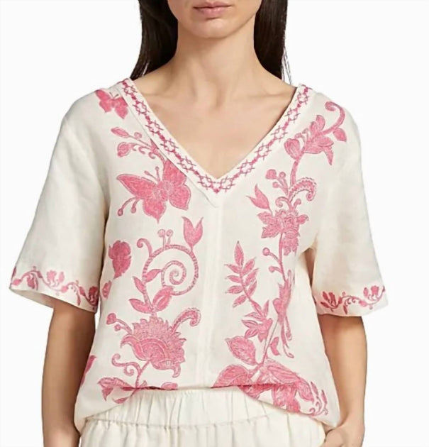 Johnny Was V-Neck Tie Back Blouse Beige Medium 2