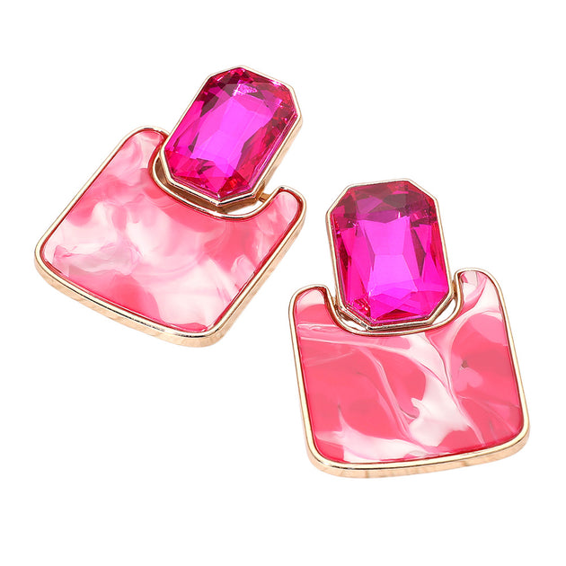 FASHNZFAB Geometric Stone Accent Printed Resin Plate Drop Earrings Silver 3