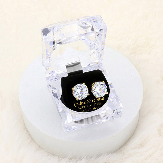 FASHNZFAB Round Cut Cubic Zirconia Stud Earrings Clear 12mm 3