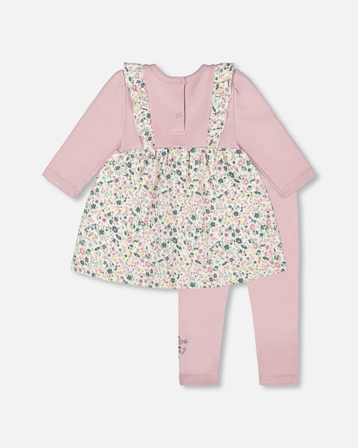 Deux Par Deux Organic Cotton Long Tunic And Leggings Set - Pink printed Little Flowers