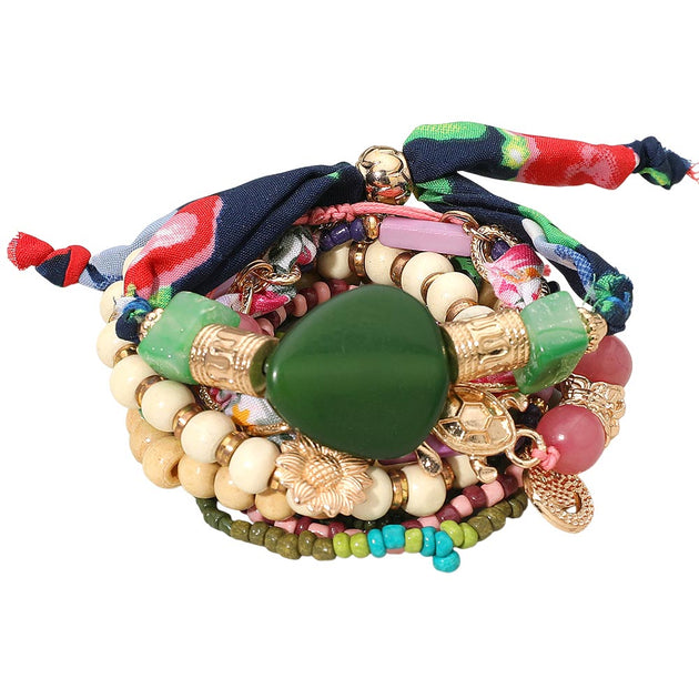 FASHNZFAB 10PCS Boho Flower Turtle Charm Wood Beaded Bracelet Multi Green One Size 4