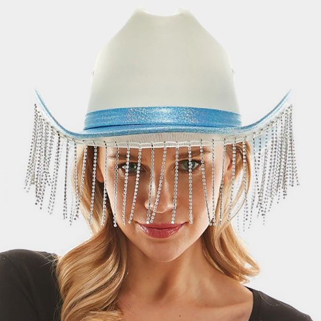 FASHNZFAB Rhinestone Fringe Cowboy Hat Purple 3